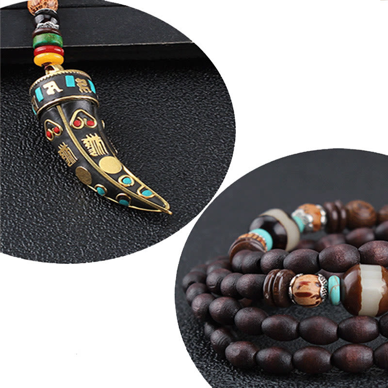 Mythstone Tibet Wenge Wood Om Mani Padme Hum OM Symbol Mantra Horn Pattern Protection Necklace Pendant