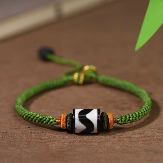 Mythstone Handmade Tibetan Dzi Bead Protection Braided Green Rope Bracelet