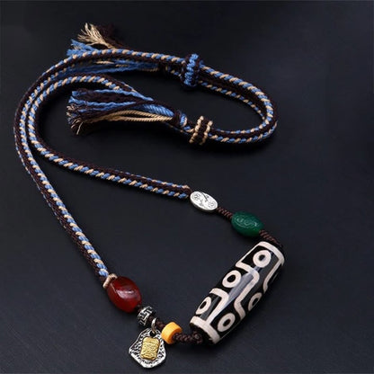 Mythstone Tibetan Nine-eye Dzi Bead Protection Braided Rope Necklace Pendant