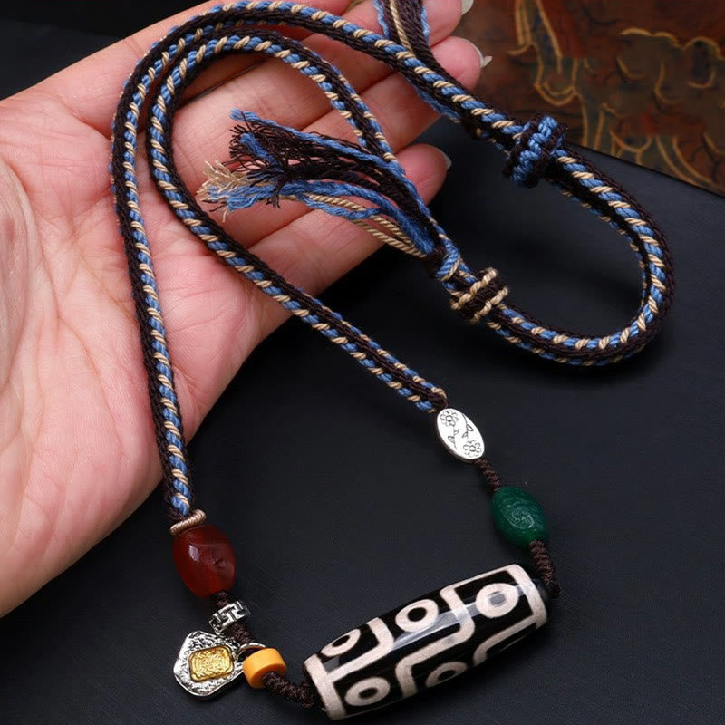 Mythstone Tibetan Nine-eye Dzi Bead Protection Braided Rope Necklace Pendant