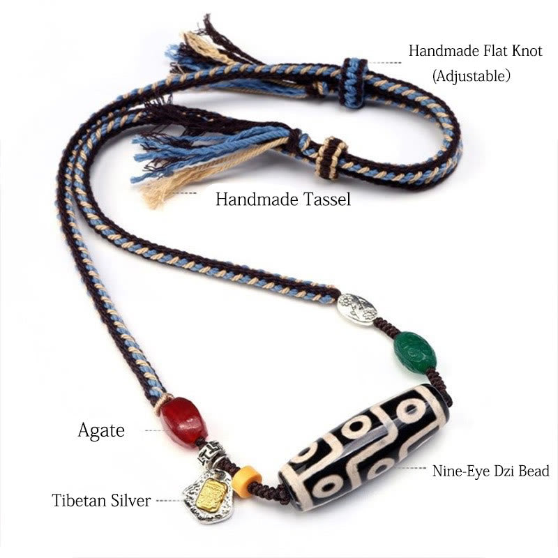 Mythstone Tibetan Nine-eye Dzi Bead Protection Braided Rope Necklace Pendant