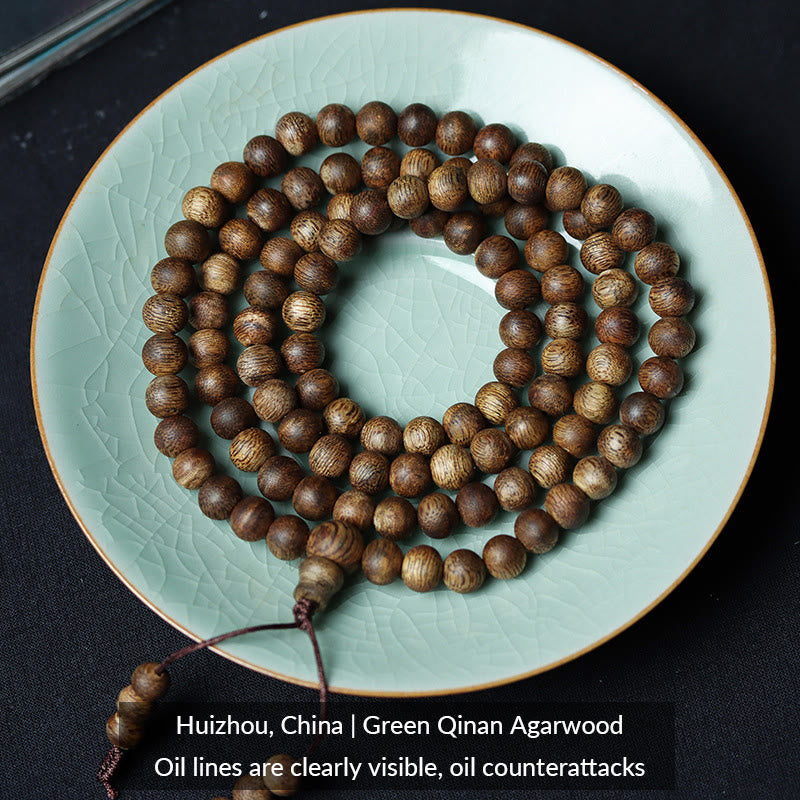 MythStone 108 Mala Beads Huizhou Green Qinan Agarwood Peace Strength Bracelet