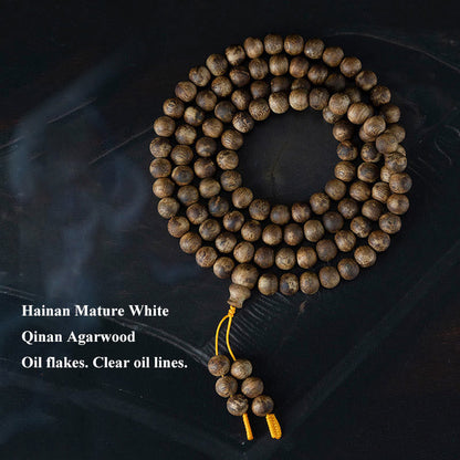 MythStone 108 Mala Beads Hainan White Qinan Agarwood Calm Strength Bracelet