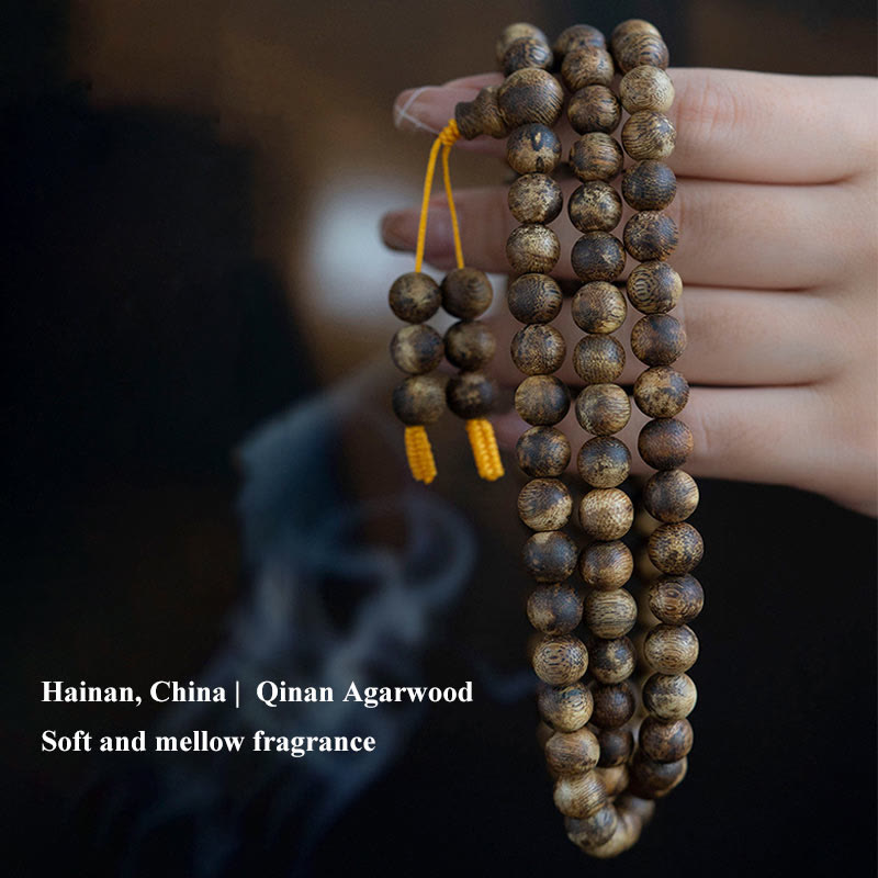 MythStone 108 Mala Beads Hainan White Qinan Agarwood Calm Strength Bracelet