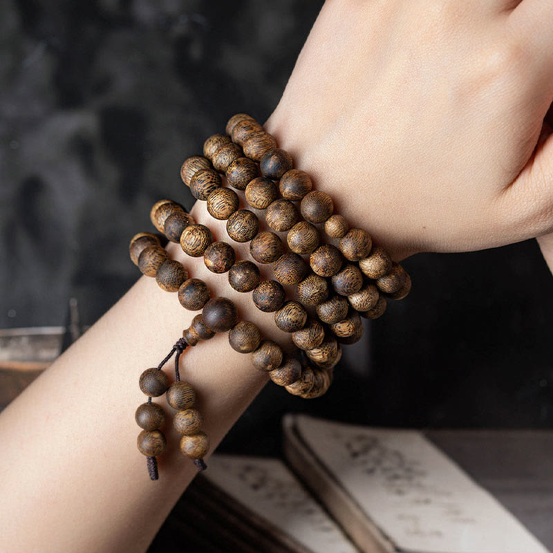 MythStone 108 Mala Beads Hainan White Qinan Agarwood Calm Strength Bracelet