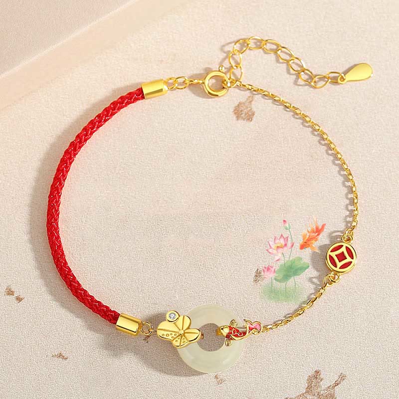 Mythstone Handmade 925 Sterling Silver Hetian Jade Chinese Goldfish Peace Buckle Red Rope Bracelet