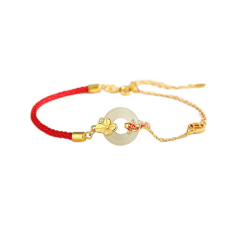 Mythstone Handmade 925 Sterling Silver Hetian Jade Chinese Goldfish Peace Buckle Red Rope Bracelet