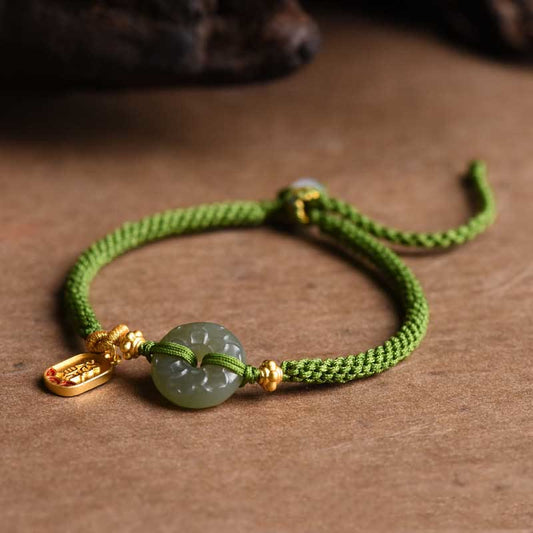 Pulsera de cuerda verde con hebilla de paz y jade verde Mythstone