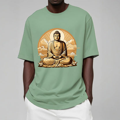 Camiseta con diseño de Buda y nubes auspiciosas del sol y la piedra mitológica 