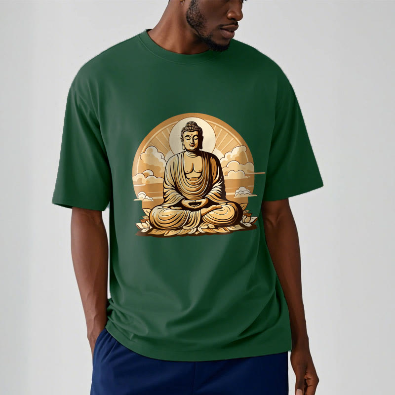 Camiseta con diseño de Buda y nubes auspiciosas del sol y la piedra mitológica 