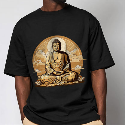 Camiseta con diseño de Buda y nubes auspiciosas del sol y la piedra mitológica 