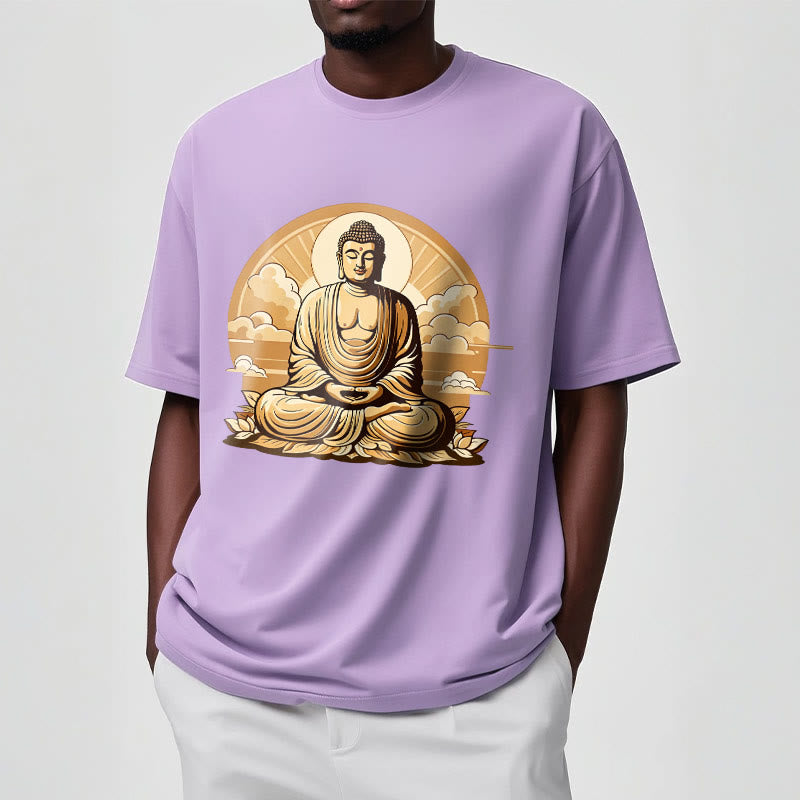 Camiseta con diseño de Buda y nubes auspiciosas del sol y la piedra mitológica 