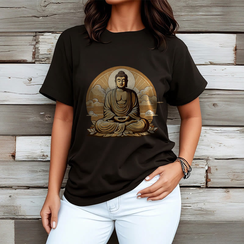 Camiseta con diseño de Buda y nubes auspiciosas del sol y la piedra mitológica 