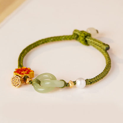 Mythstone Hetian Jade Lotus Peace Buckle Braided Rope Fortune Bracelet