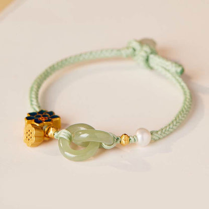 Mythstone Hetian Jade Lotus Peace Buckle Braided Rope Fortune Bracelet