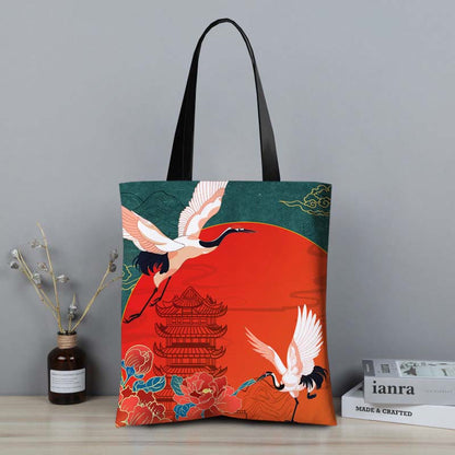 Mythstone Crane Peony Chinese Character Hua Dan Canvas Zipper Shoulder Bag