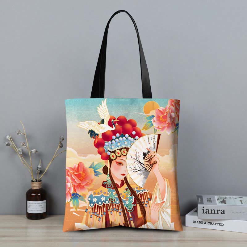 Mythstone Crane Peony Chinese Character Hua Dan Canvas Zipper Shoulder Bag