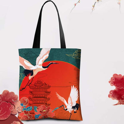 Mythstone Crane Peony Chinese Character Hua Dan Canvas Zipper Shoulder Bag