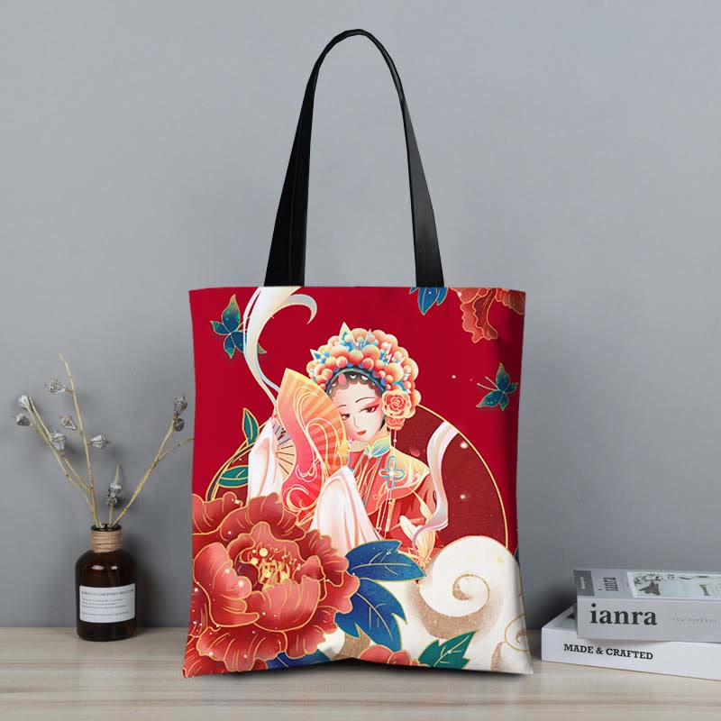 Mythstone Crane Peony Chinese Character Hua Dan Canvas Zipper Shoulder Bag