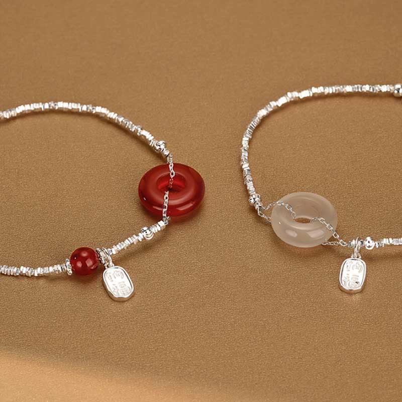 Pulsera de plata de ley 925 con diseño de la suerte y la palabra Fu, con ágata roja, calcedonia y jade hetiano