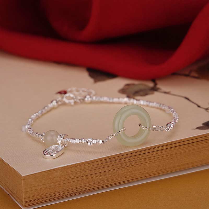 Pulsera de plata de ley 925 con diseño de la suerte y la palabra Fu, con ágata roja, calcedonia y jade hetiano