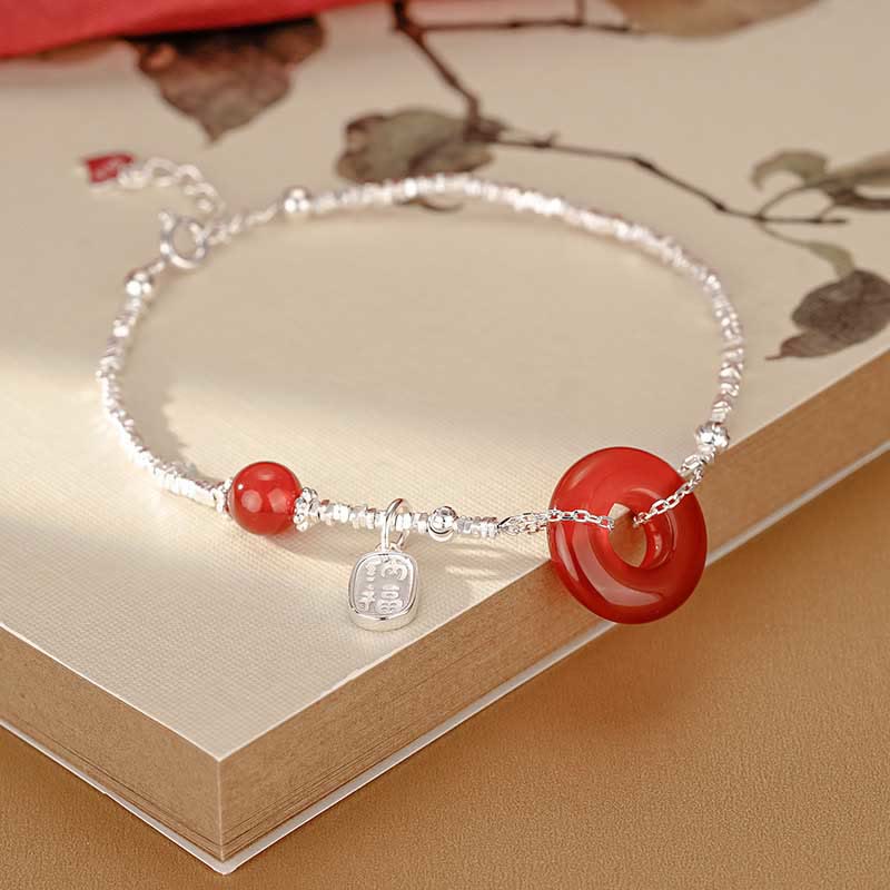 Pulsera de plata de ley 925 con diseño de la suerte y la palabra Fu, con ágata roja, calcedonia y jade hetiano