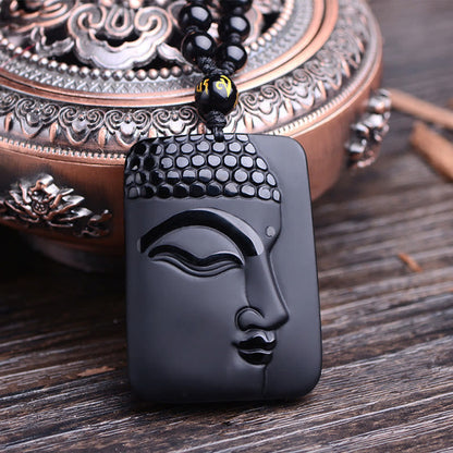 Mythstone Natural Black Obsidian Buddha Prayer Purification Luck Pendant Necklace