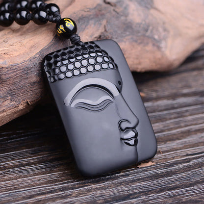 Mythstone Natural Black Obsidian Buddha Prayer Purification Luck Pendant Necklace