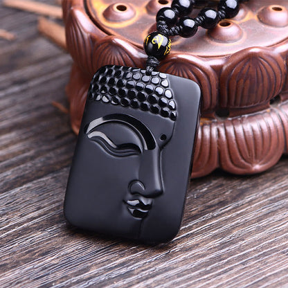 Mythstone Natural Black Obsidian Buddha Prayer Purification Luck Pendant Necklace