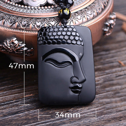 Mythstone Natural Black Obsidian Buddha Prayer Purification Luck Pendant Necklace