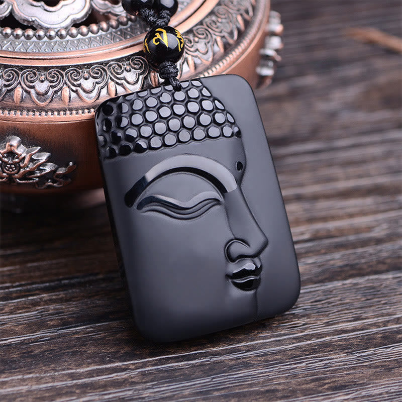 Mythstone Natural Black Obsidian Buddha Prayer Purification Luck Pendant Necklace