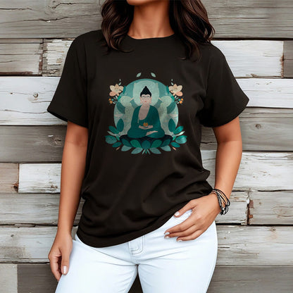 Mythstone Close Eyes Green Leaf Buddha Tee T-shirt