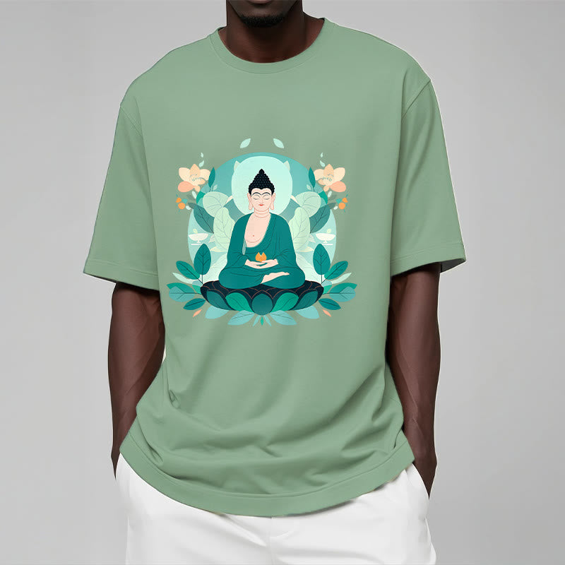 Mythstone Close Eyes Green Leaf Buddha Tee T-shirt