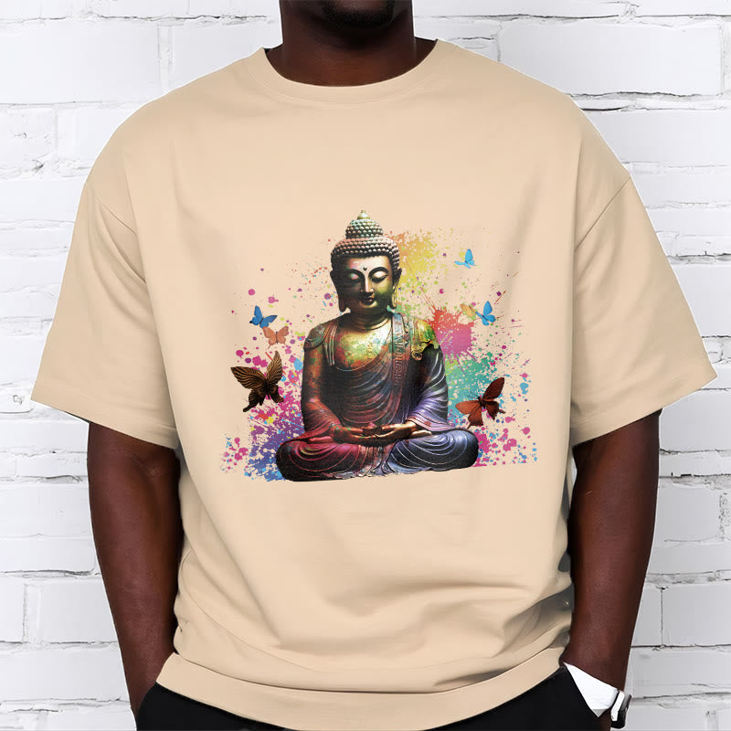 Mythstone Colorful Butterfly Flying Meditation Buddha Tee T-shirt