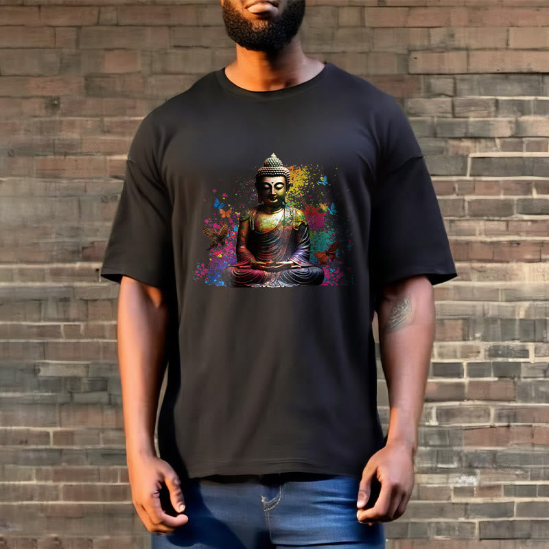 Mythstone Colorful Butterfly Flying Meditation Buddha Tee T-shirt