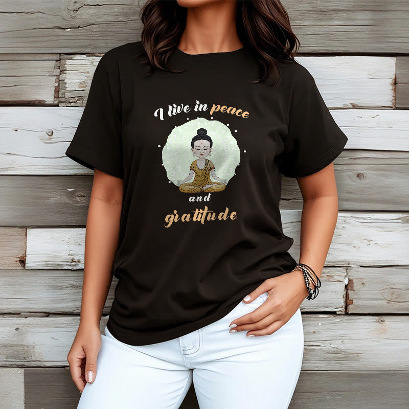 Mythstone I Live In Peace And Gratitude Illustration Buddha Tee T-shirt