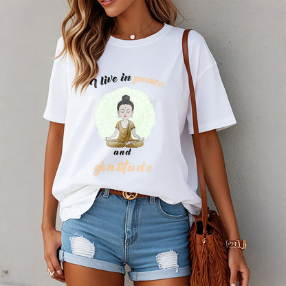 Mythstone I Live In Peace And Gratitude Illustration Buddha Tee T-shirt