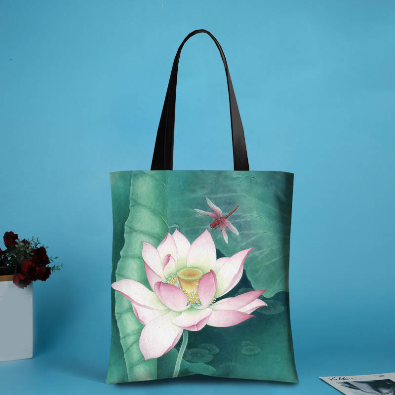 Mythstone Large Capacity Handmade Canvas Ink Lotus Dragonfly Shoulder Bag Shopping Bag