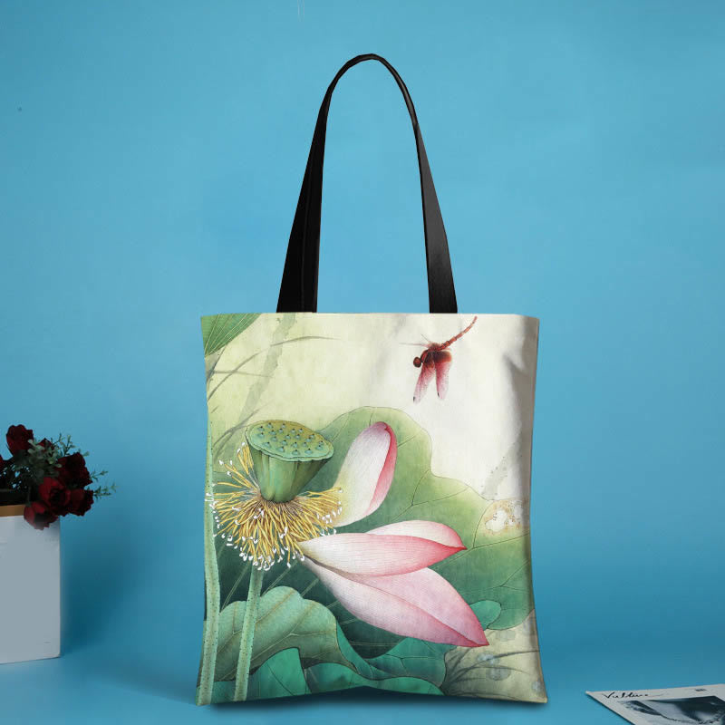 Mythstone Handmade Canvas Ink Lotus Koi Fish Shoulder Bag Shopping Bag