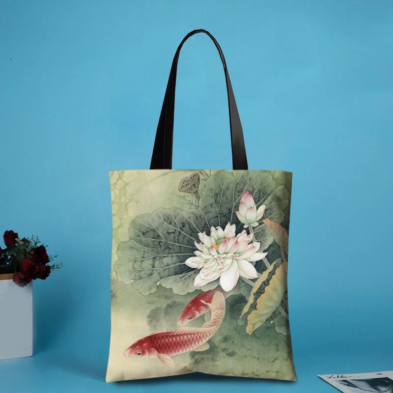 Mythstone Handmade Canvas Ink Lotus Koi Fish Shoulder Bag Shopping Bag