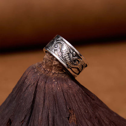 Mythstone Koi Fish Heart Sutra Carved Design Luck Wealth Ring