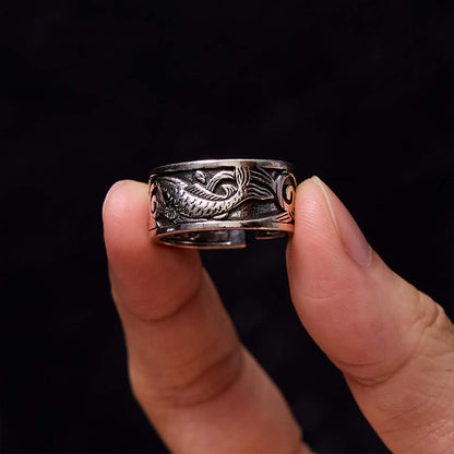 Mythstone Koi Fish Heart Sutra Carved Design Luck Wealth Ring