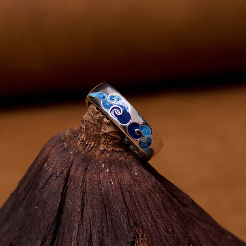 Mythstone Blue Auspicious Clouds Pattern Wealth Copper Adjustable Ring