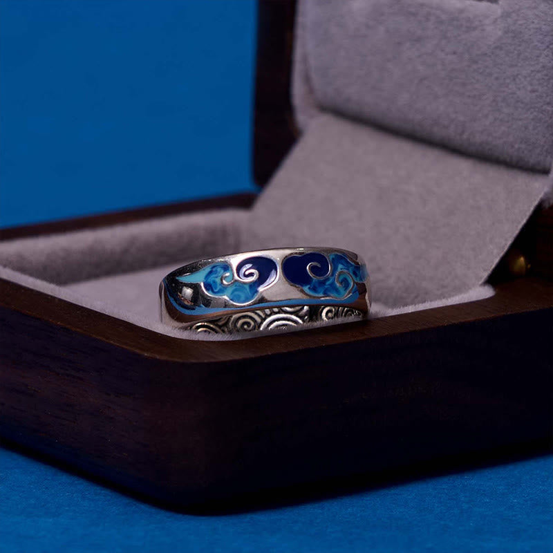 Mythstone Blue Auspicious Clouds Pattern Wealth Copper Adjustable Ring