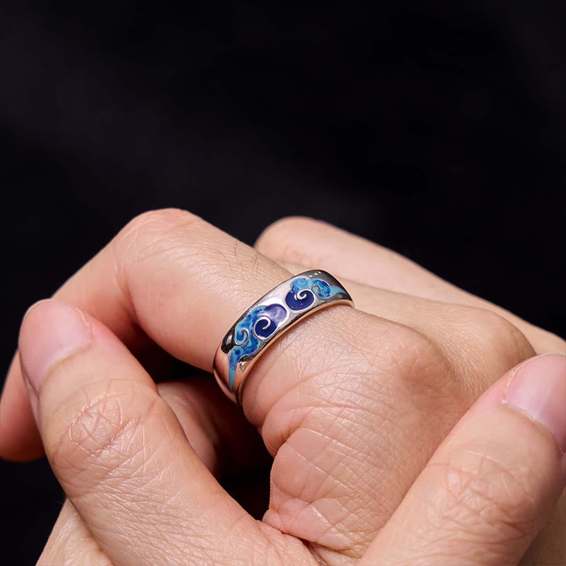 Mythstone Blue Auspicious Clouds Pattern Wealth Copper Adjustable Ring