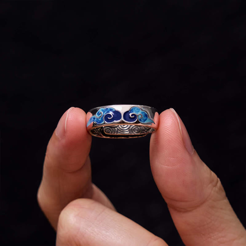 Mythstone Blue Auspicious Clouds Pattern Wealth Copper Adjustable Ring