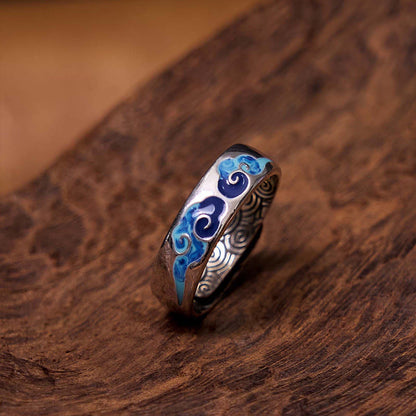 Mythstone Blue Auspicious Clouds Pattern Wealth Copper Adjustable Ring