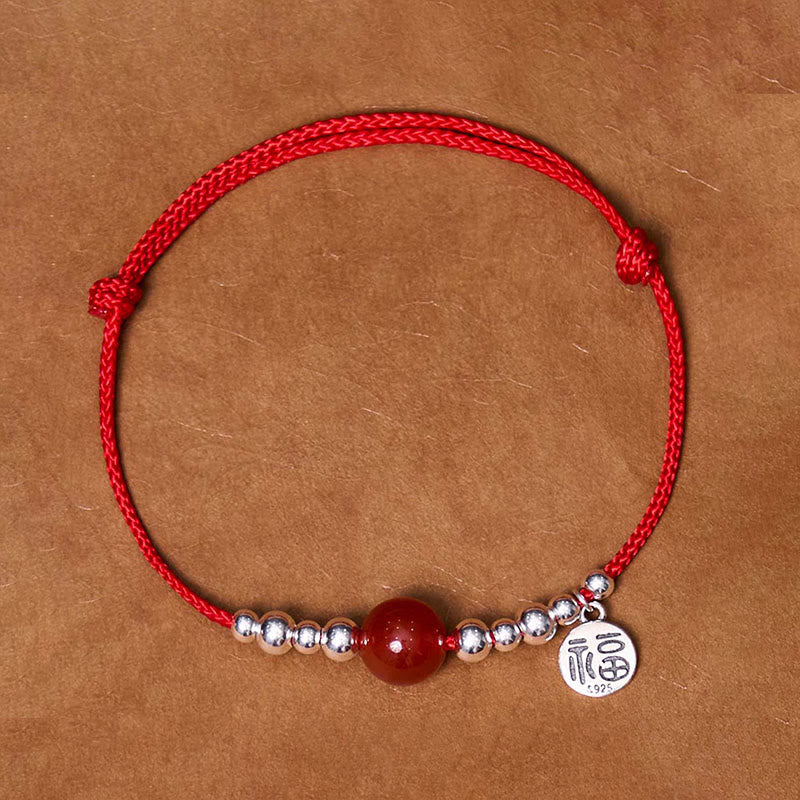 Mythstone Handmade 925 Sterling Silver Fu Character Red Agate Fortune Braided Ultra-Thin Rope Bracelet