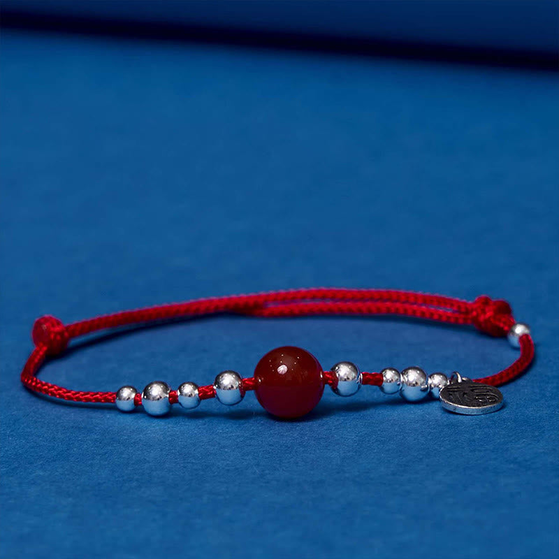 Mythstone Handmade 925 Sterling Silver Fu Character Red Agate Fortune Braided Ultra-Thin Rope Bracelet