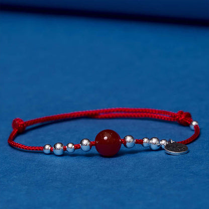 Mythstone Handmade 925 Sterling Silver Fu Character Red Agate Fortune Braided Ultra-Thin Rope Bracelet